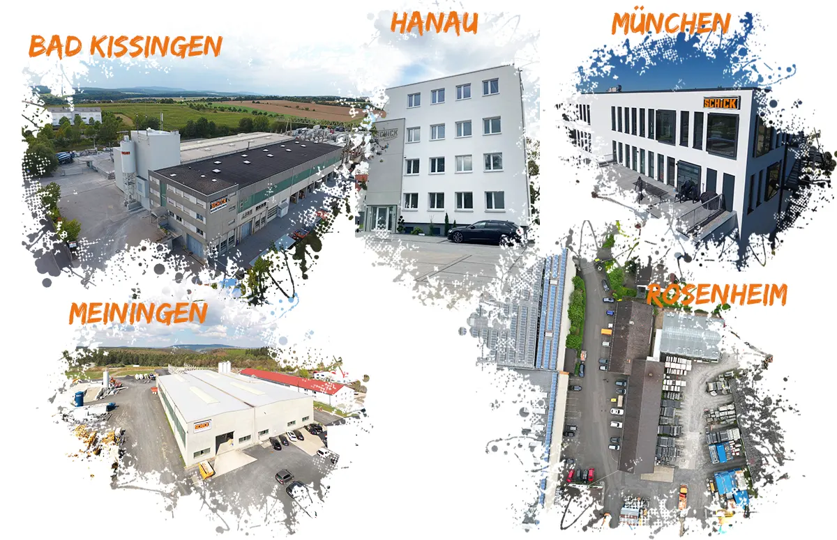Standorte der Schick-Gruppe in Bad Kissingen, Hanau, München, Rosenheim und Meiningen